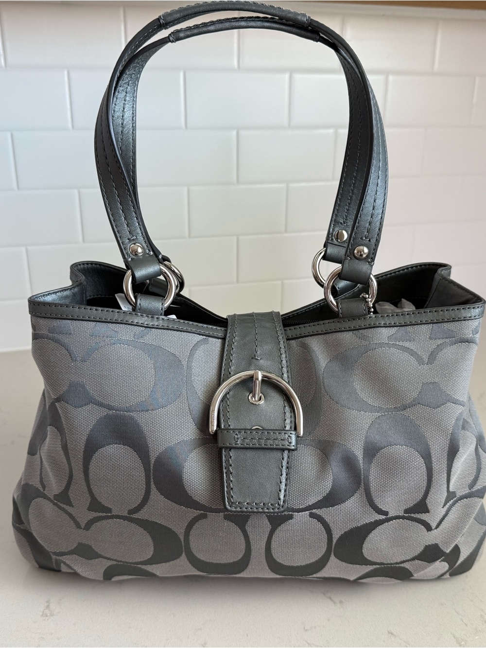 Coach Soho Signature Carryall F19253 Gray Jacquard Leather Shoulder Bag
